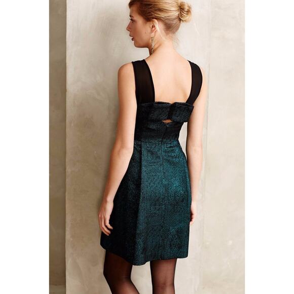Anthro HD in Paris Dress Emerald Facet Metallic Bow Back Green Black Size 2P - Picture 2 of 13